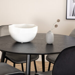Dipp, Emma – Ensemble repas rond – Noir – Table : ⌀115 Chaise : 57 x 89 x 47 cm