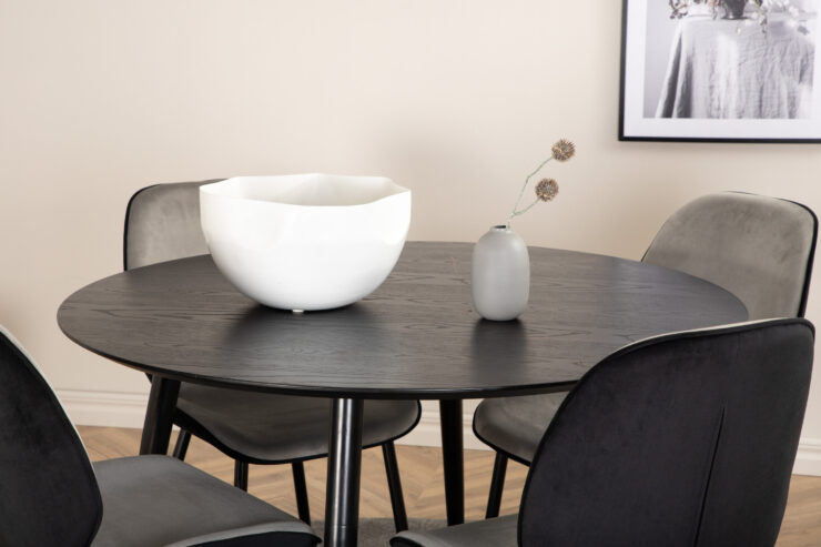 Dipp, Emma – Ensemble repas rond – Noir – Table : ⌀115 Chaise : 57 x 89 x 47 cm