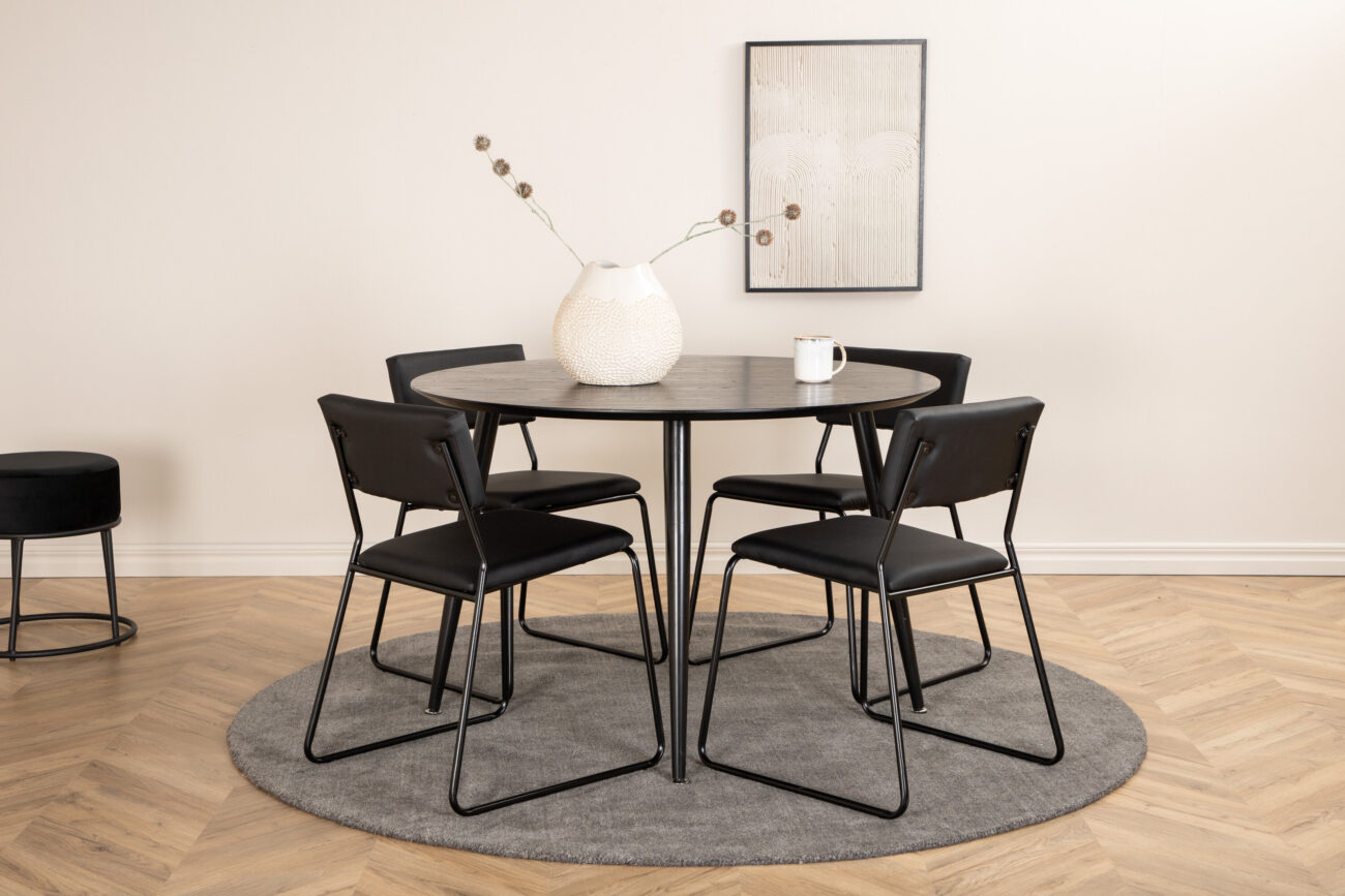 Dipp, Kenth – Ensemble repas rond – Noir – Table : ⌀115 Chaise : 52 x 76 x 40 cm