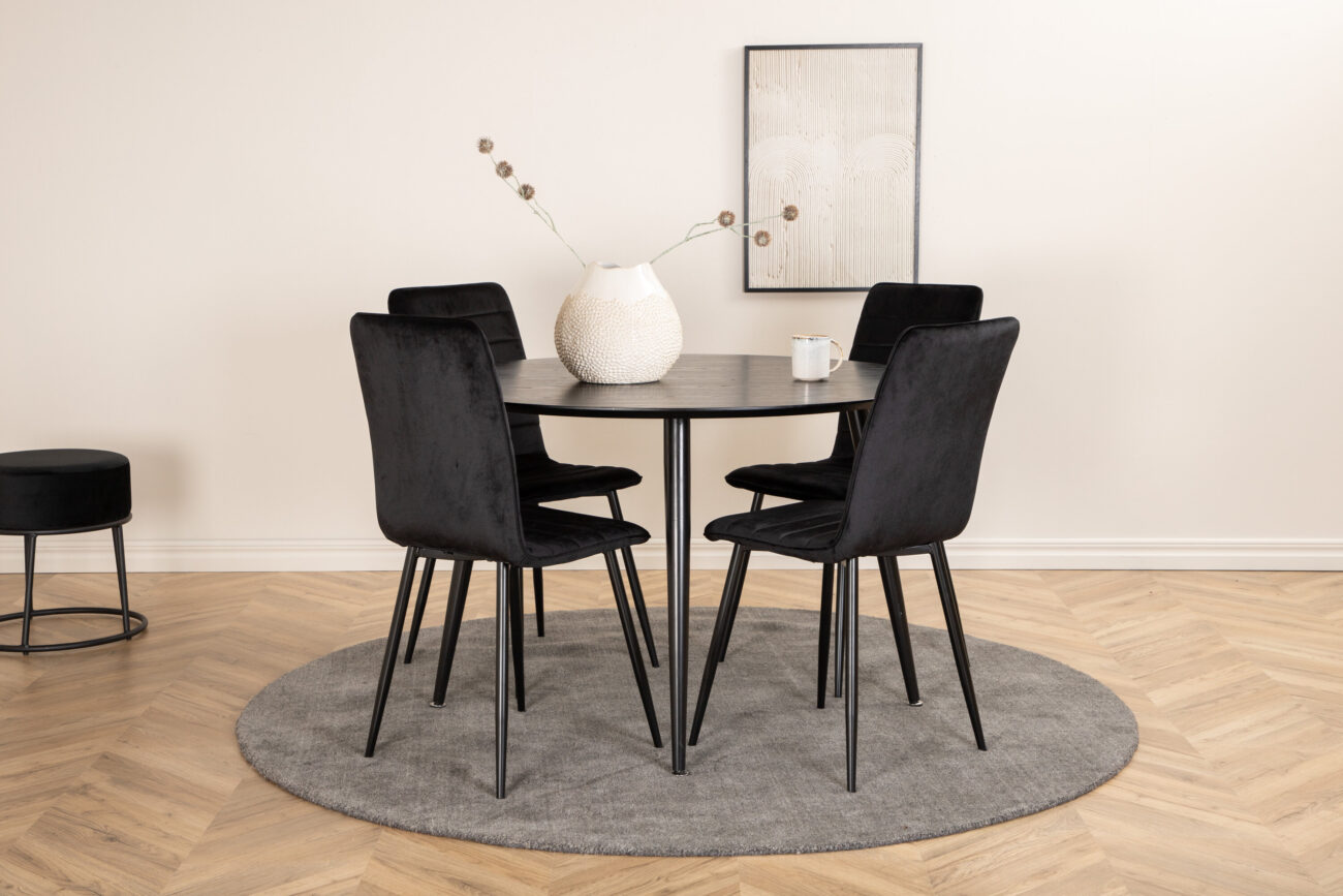 Dipp, Windu – Ensemble repas rond – Noir – Table : ⌀115 Chaise : 49 x 94 x 43 cm