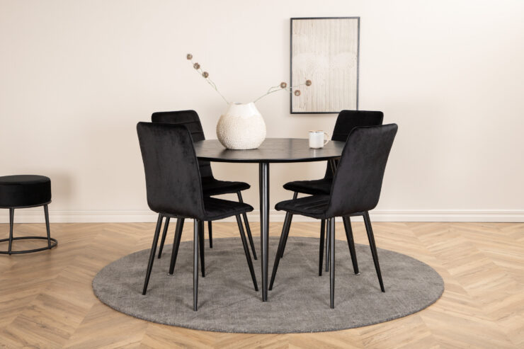 Dipp, Windu – Ensemble repas rond – Noir – Table : ⌀115 Chaise : 49 x 94 x 43 cm