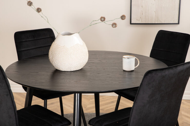 Dipp, Windu – Ensemble repas rond – Noir – Table : ⌀115 Chaise : 49 x 94 x 43 cm