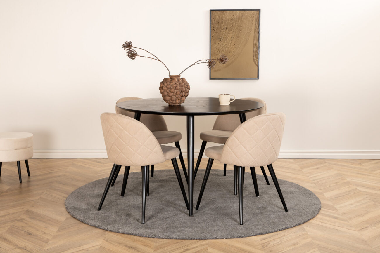 Dipp, Velvet – Ensemble repas rond – Noir – Table : ⌀115 Chaise : 57 x 76,5 x 50 cm