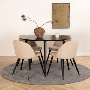 Dipp, Velvet – Ensemble repas rond – Noir – Table : ⌀115 Chaise : 57 x 76,5 x 50 cm