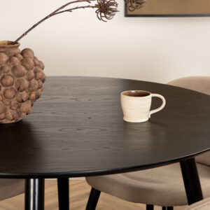 Dipp, Velvet – Ensemble repas rond – Noir – Table : ⌀115 Chaise : 57 x 76,5 x 50 cm