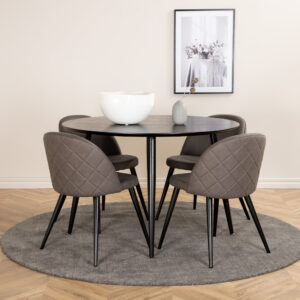 Dipp, Velvet – Ensemble repas rond – Noir – Table : ⌀115 Chaise : 57 x 76,5 x 50 cm
