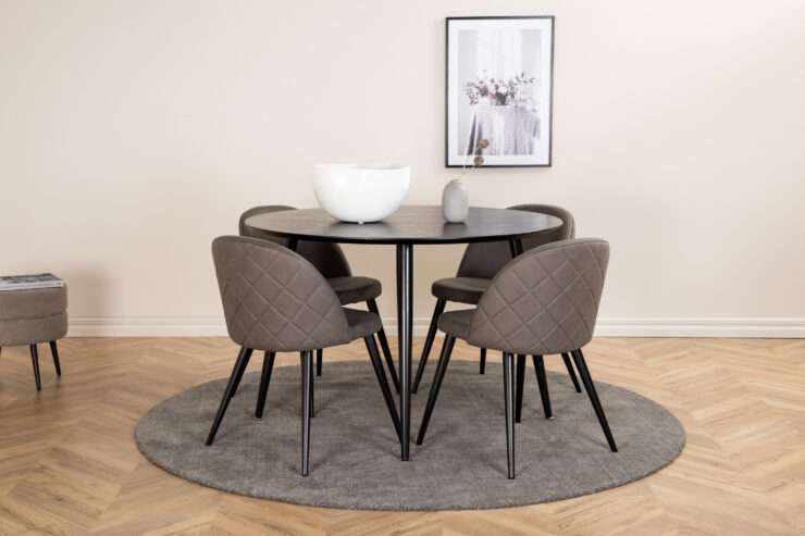 Dipp, Velvet – Ensemble repas rond – Noir – Table : ⌀115 Chaise : 57 x 76,5 x 50 cm