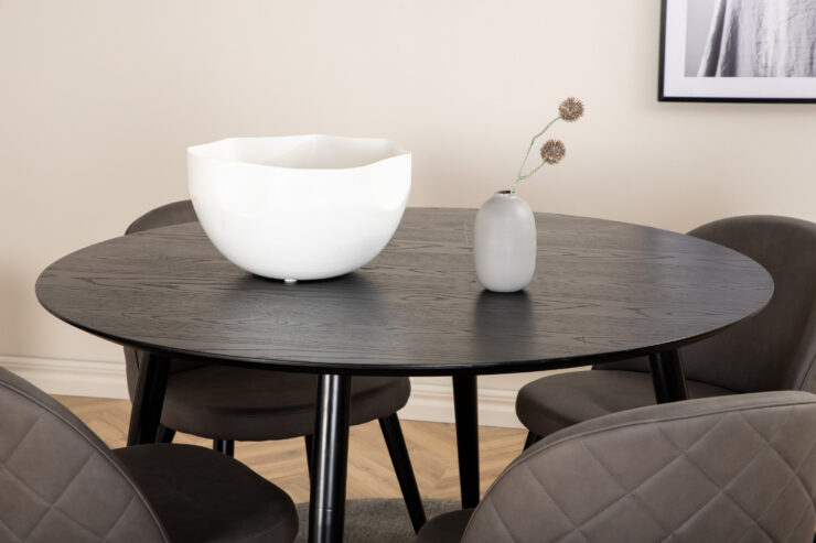 Dipp, Velvet – Ensemble repas rond – Noir – Table : ⌀115 Chaise : 57 x 76,5 x 50 cm