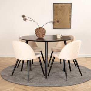 Dipp, Velvet – Ensemble repas rond – Noir – Table : ⌀115 Chaise : 57 x 76,5 x 50 cm