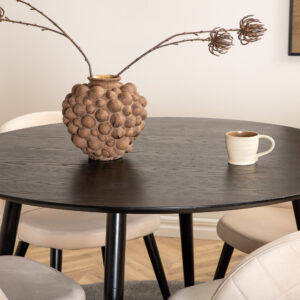 Dipp, Velvet – Ensemble repas rond – Noir – Table : ⌀115 Chaise : 57 x 76,5 x 50 cm