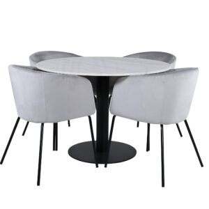 Estelle, Berit – Ensemble repas rond – Blanc – Table : ⌀106 Chaise : 55 x 78 x 55 cm