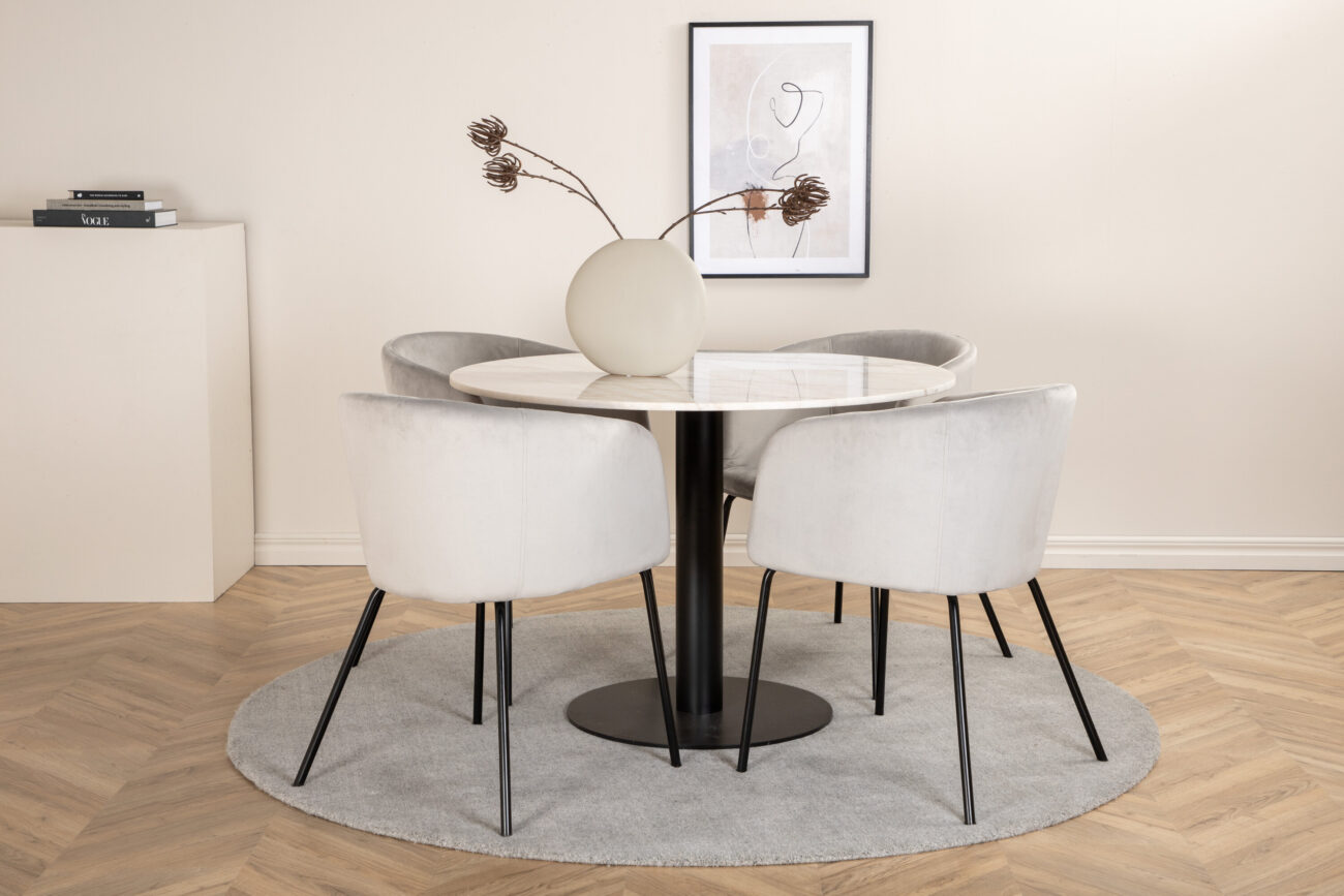 Estelle, Berit – Ensemble repas rond – Blanc – Table : ⌀106 Chaise : 55 x 78 x 55 cm