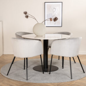 Estelle, Berit – Ensemble repas rond – Blanc – Table : ⌀106 Chaise : 55 x 78 x 55 cm