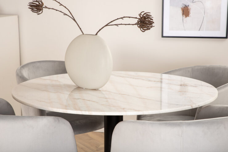 Estelle, Berit – Ensemble repas rond – Blanc – Table : ⌀106 Chaise : 55 x 78 x 55 cm