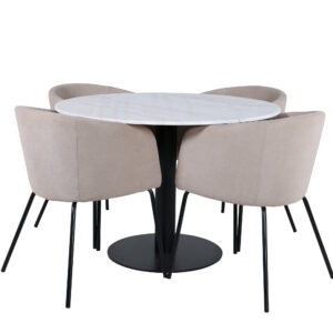Estelle, Berit – Ensemble repas rond – Blanc – Table : ⌀106 Chaise : 55 x 78 x 55 cm