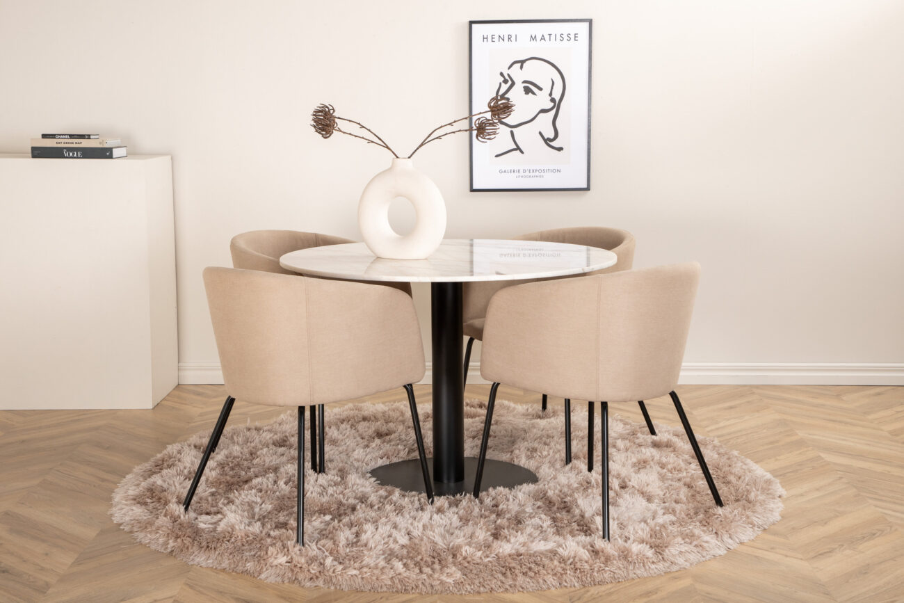 Estelle, Berit – Ensemble repas rond – Blanc – Table : ⌀106 Chaise : 55 x 78 x 55 cm