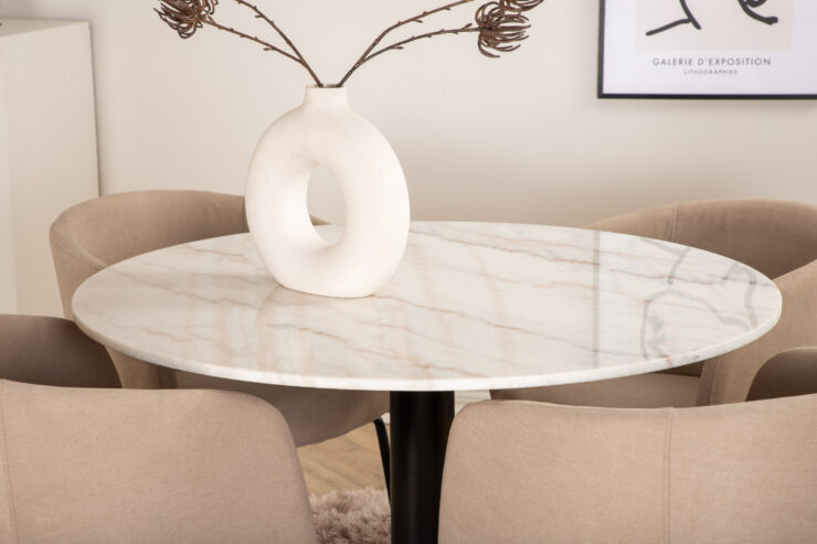 Estelle, Berit – Ensemble repas rond – Blanc – Table : ⌀106 Chaise : 55 x 78 x 55 cm