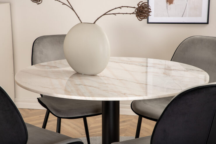 Estelle, Emma – Ensemble repas rond – Blanc – Table : ⌀106 Chaise : 57 x 89 x 47 cm