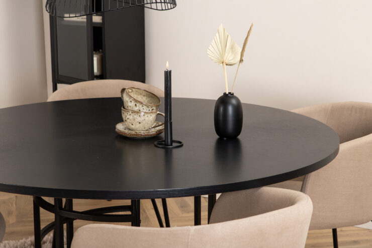 Copenhagen, Berit – Ensemble repas rond – Noir – Table : ⌀140 Chaise : 55 x 78 x 55 cm