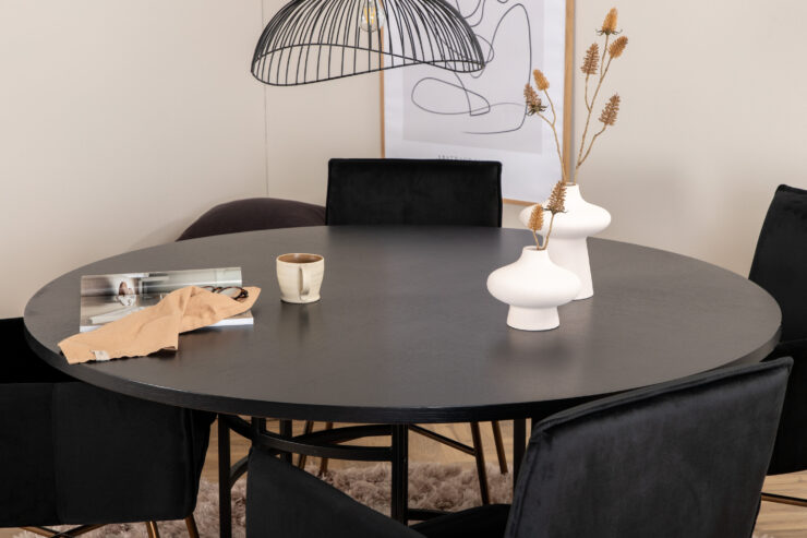 Copenhagen, Petra – Ensemble repas rond – Noir – Table : ⌀140 Chaise : 60 x 87 x 57 cm
