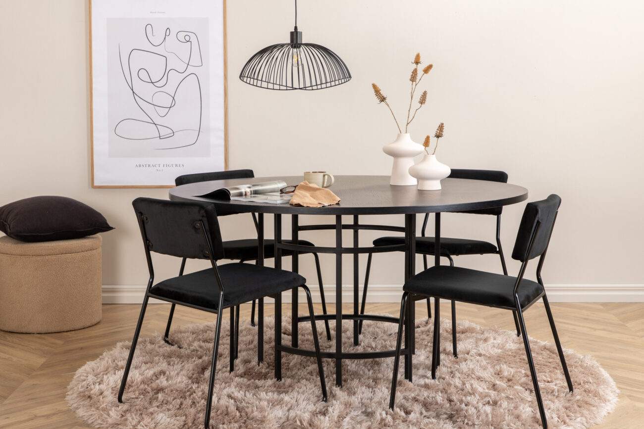 Copenhagen, Kenth – Ensemble repas rond – Noir – Table : ⌀140 Chaise : 52 x 76 x 40 cm