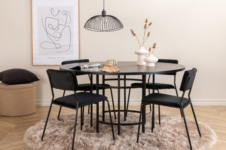 Copenhagen, Kenth – Ensemble repas rond – Noir – Table : ⌀140 Chaise : 52 x 76 x 40 cm