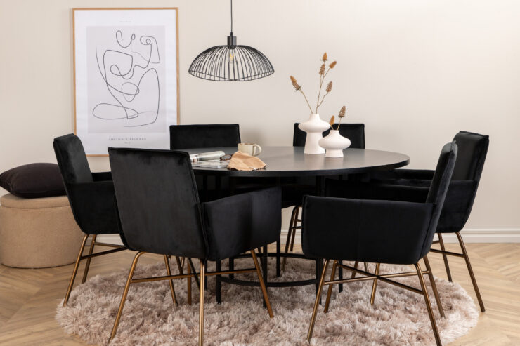 Copenhagen, Petra – Ensemble repas rond – Noir – Table : ⌀140 Chaise : 60 x 87 x 57 cm