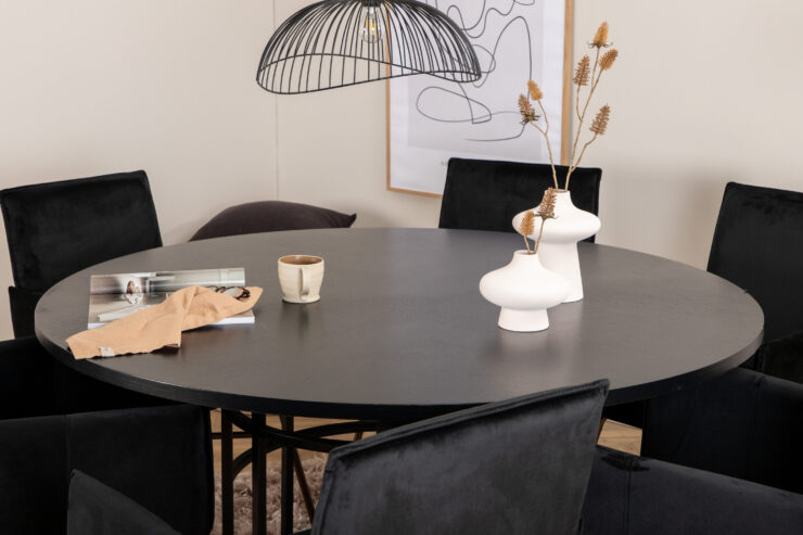 Copenhagen, Petra – Ensemble repas rond – Noir – Table : ⌀140 Chaise : 60 x 87 x 57 cm