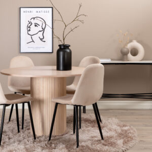 Bianca, Polar – Ensemble repas rond – Blanchi – Table : ⌀110 Chaise : 53,3 x 88 x 42,5 cm