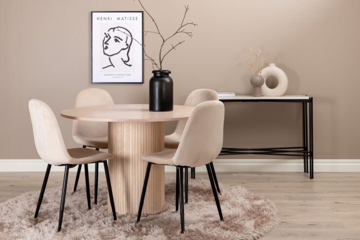 Bianca, Polar – Ensemble repas rond – Blanchi – Table : ⌀110 Chaise : 53,3 x 88 x 42,5 cm