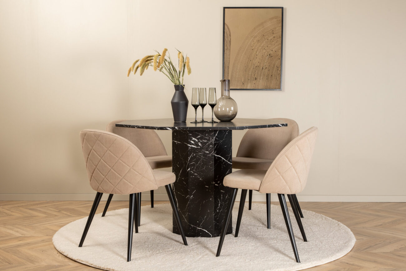 Marbs, Velvet – Ensemble repas rond – Noir – Table : ⌀110 Chaise : 57 x 76,5 x 50 cm