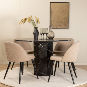 Marbs, Velvet – Ensemble repas rond – Noir – Table : ⌀110 Chaise : 57 x 76,5 x 50 cm