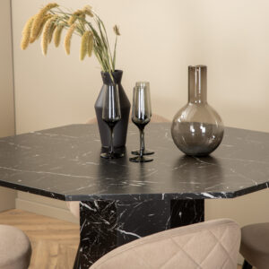 Marbs, Velvet – Ensemble repas rond – Noir – Table : ⌀110 Chaise : 57 x 76,5 x 50 cm