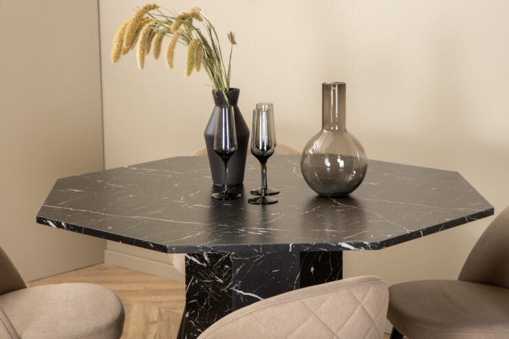 Marbs, Velvet – Ensemble repas rond – Noir – Table : ⌀110 Chaise : 57 x 76,5 x 50 cm