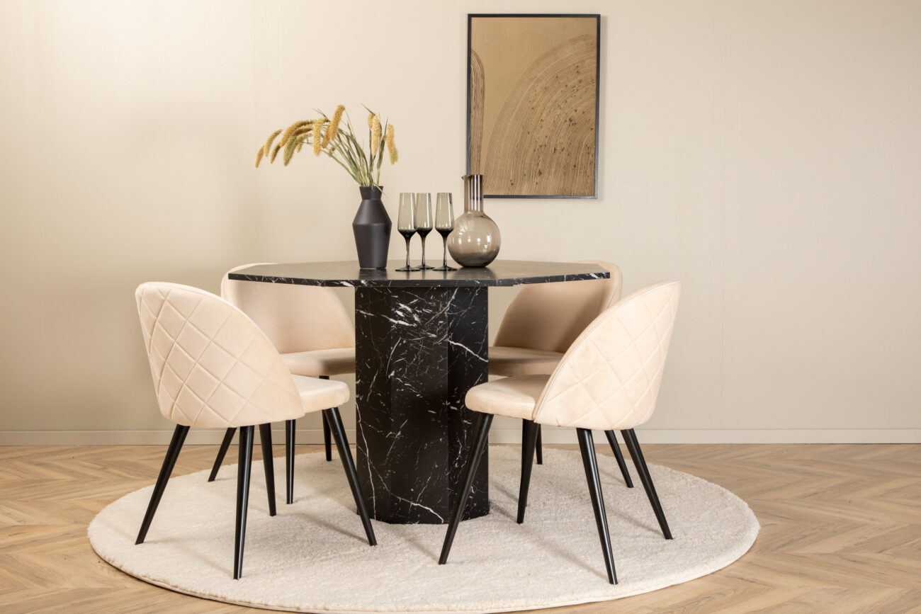 Marbs, Velvet – Ensemble repas rond – Noir – Table : ⌀110 Chaise : 57 x 76,5 x 50 cm