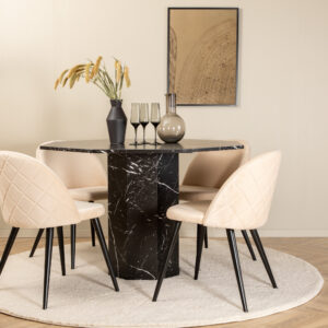 Marbs, Velvet – Ensemble repas rond – Noir – Table : ⌀110 Chaise : 57 x 76,5 x 50 cm