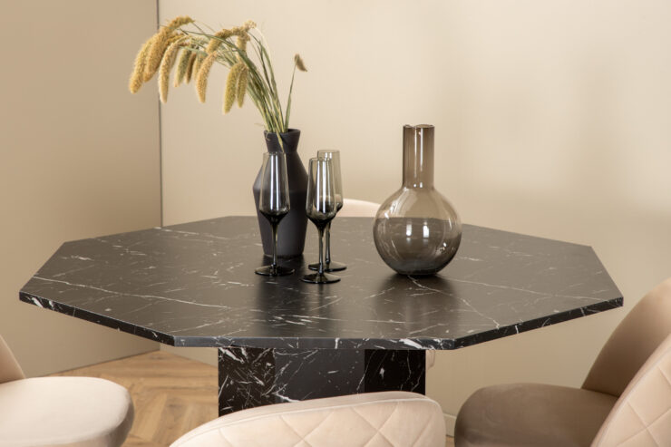 Marbs, Velvet – Ensemble repas rond – Noir – Table : ⌀110 Chaise : 57 x 76,5 x 50 cm