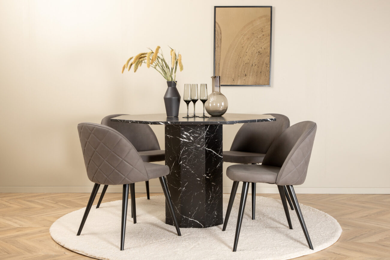 Marbs, Velvet – Ensemble repas rond – Noir – Table : ⌀110 Chaise : 57 x 76,5 x 50 cm