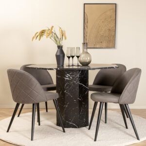 Marbs, Velvet – Ensemble repas rond – Noir – Table : ⌀110 Chaise : 57 x 76,5 x 50 cm