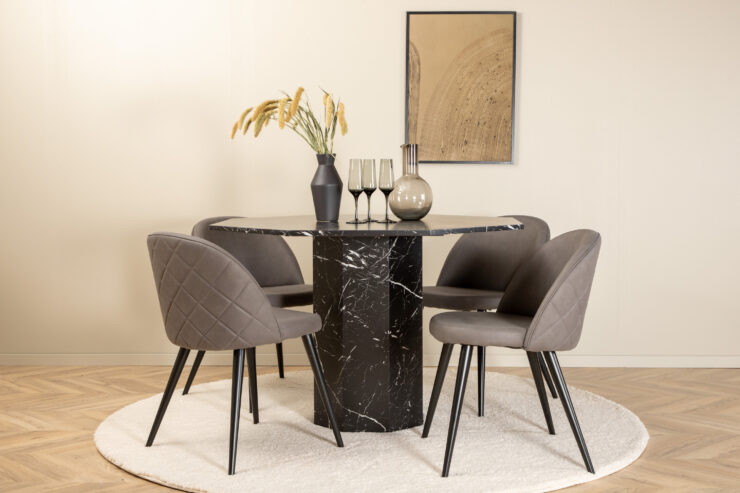 Marbs, Velvet – Ensemble repas rond – Noir – Table : ⌀110 Chaise : 57 x 76,5 x 50 cm