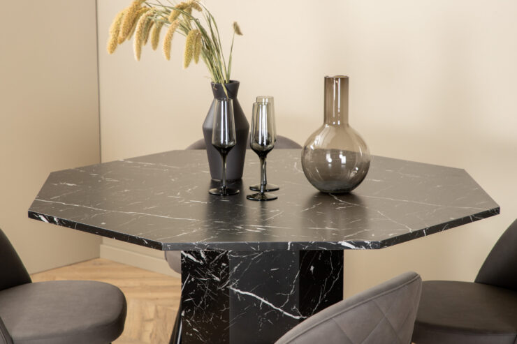 Marbs, Velvet – Ensemble repas rond – Noir – Table : ⌀110 Chaise : 57 x 76,5 x 50 cm