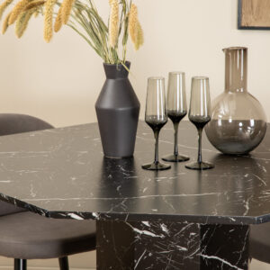 Marbs, Velvet – Ensemble repas rond – Noir – Table : ⌀110 Chaise : 57 x 76,5 x 50 cm