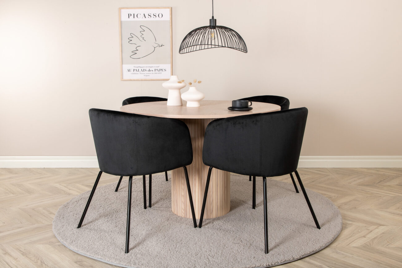Bianca, Berit – Ensemble repas rond – Blanchi – Table : ⌀110 Chaise : 55 x 78 x 55 cm