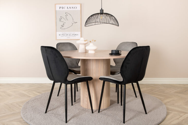 Bianca, Emma – Ensemble repas rond – Blanchi – Table : ⌀110 Chaise : 57 x 89 x 47 cm
