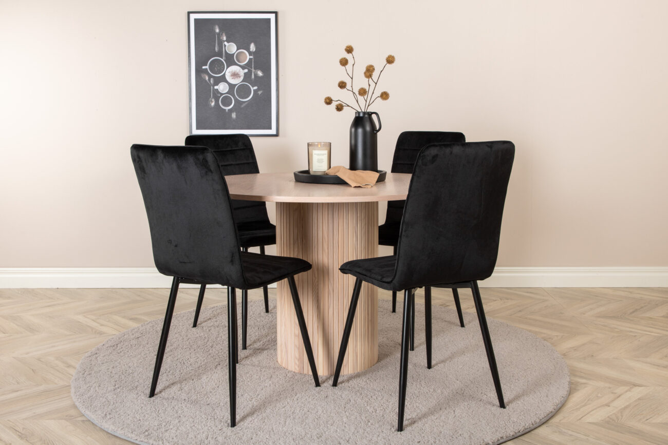 Bianca, Windu – Ensemble repas rond – Blanchi – Table : ⌀110 Chaise : 49 x 94 x 43 cm