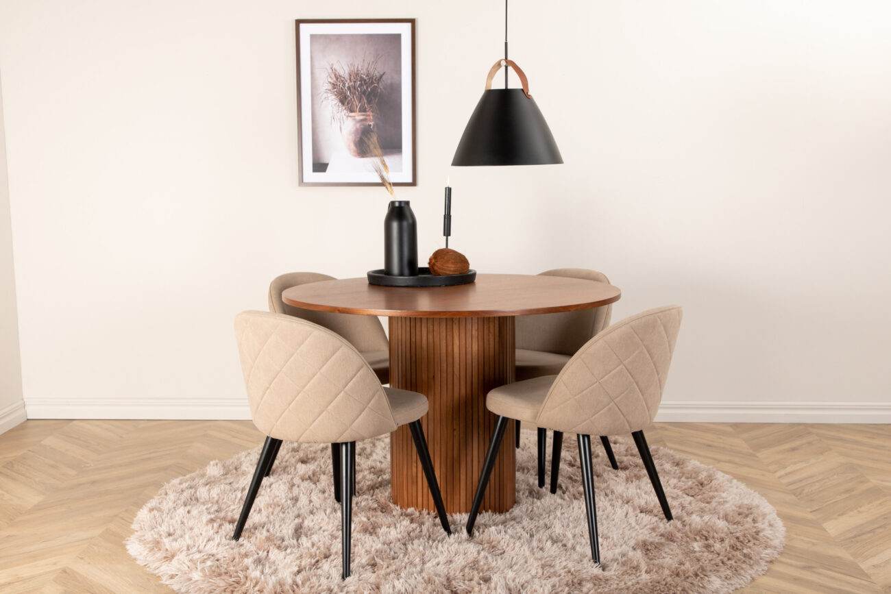 Bianca, Velvet – Ensemble repas rond – Noyer – Table : ⌀110 Chaise : 57 x 76,5 x 50 cm