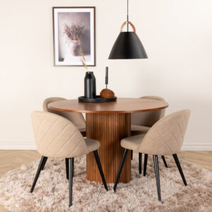 Bianca, Velvet – Ensemble repas rond – Noyer – Table : ⌀110 Chaise : 57 x 76,5 x 50 cm