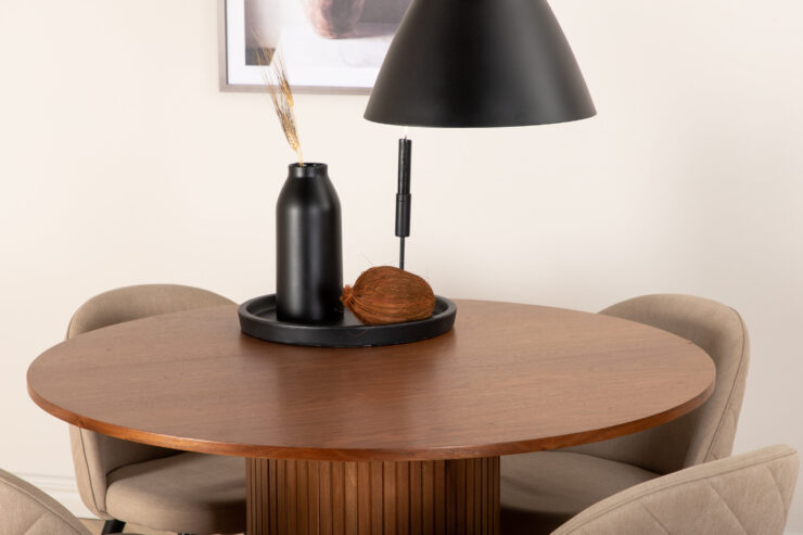 Bianca, Velvet – Ensemble repas rond – Noyer – Table : ⌀110 Chaise : 57 x 76,5 x 50 cm