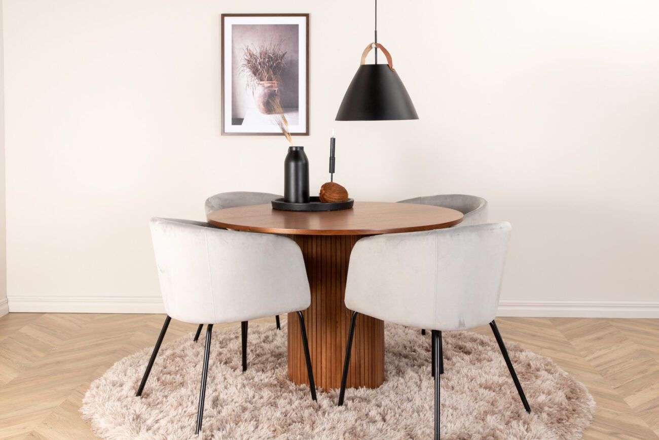 Bianca, Berit – Ensemble repas rond – Noyer – Table : ⌀110 Chaise : 55 x 78 x 55 cm