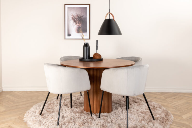 Bianca, Berit – Ensemble repas rond – Noyer – Table : ⌀110 Chaise : 55 x 78 x 55 cm